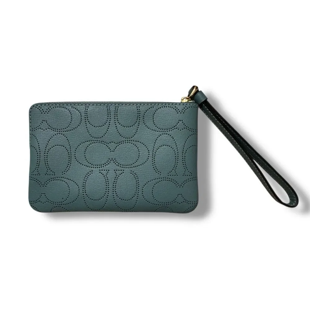 Coach Corner Zip Wristlet Seafoam Perforated Leather